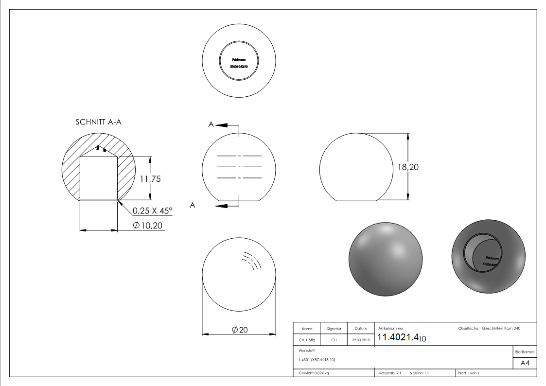 Boule - Ø 20 mm - avec trou borgne : 10,2 mm - matériau solide V2A