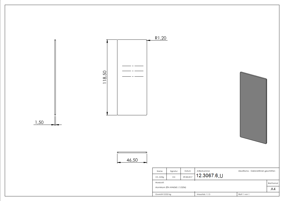 Capuchon d'extrémité | pour garde-corps tout verre | dimensions : 118.5x46.5x1.5 mm | aluminium