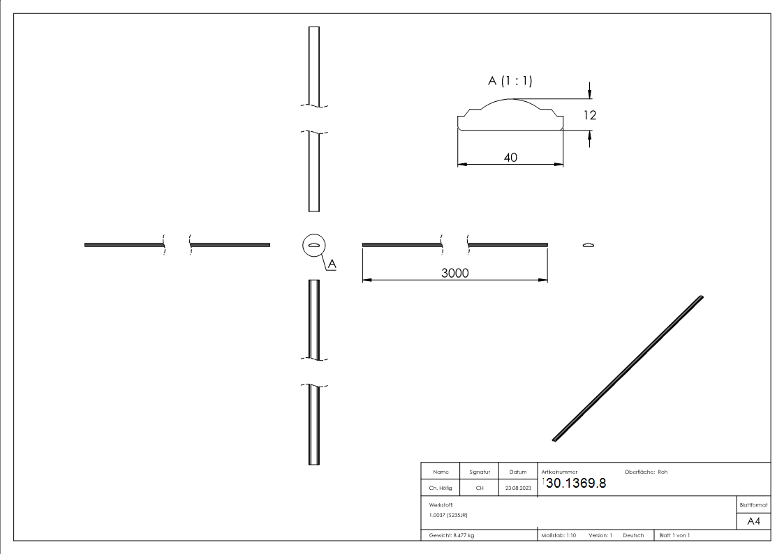 Main courante | 40x12 mm | Longueur : 3000 mm | Demi-ronde | Acier (brut) S235JR