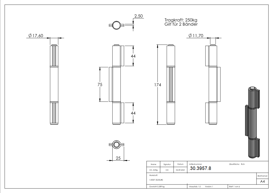 Anschweissband - 3-teilig - Tragkraft- 250kg - massiv - Stahl S235JR- roh-30-3957.8
