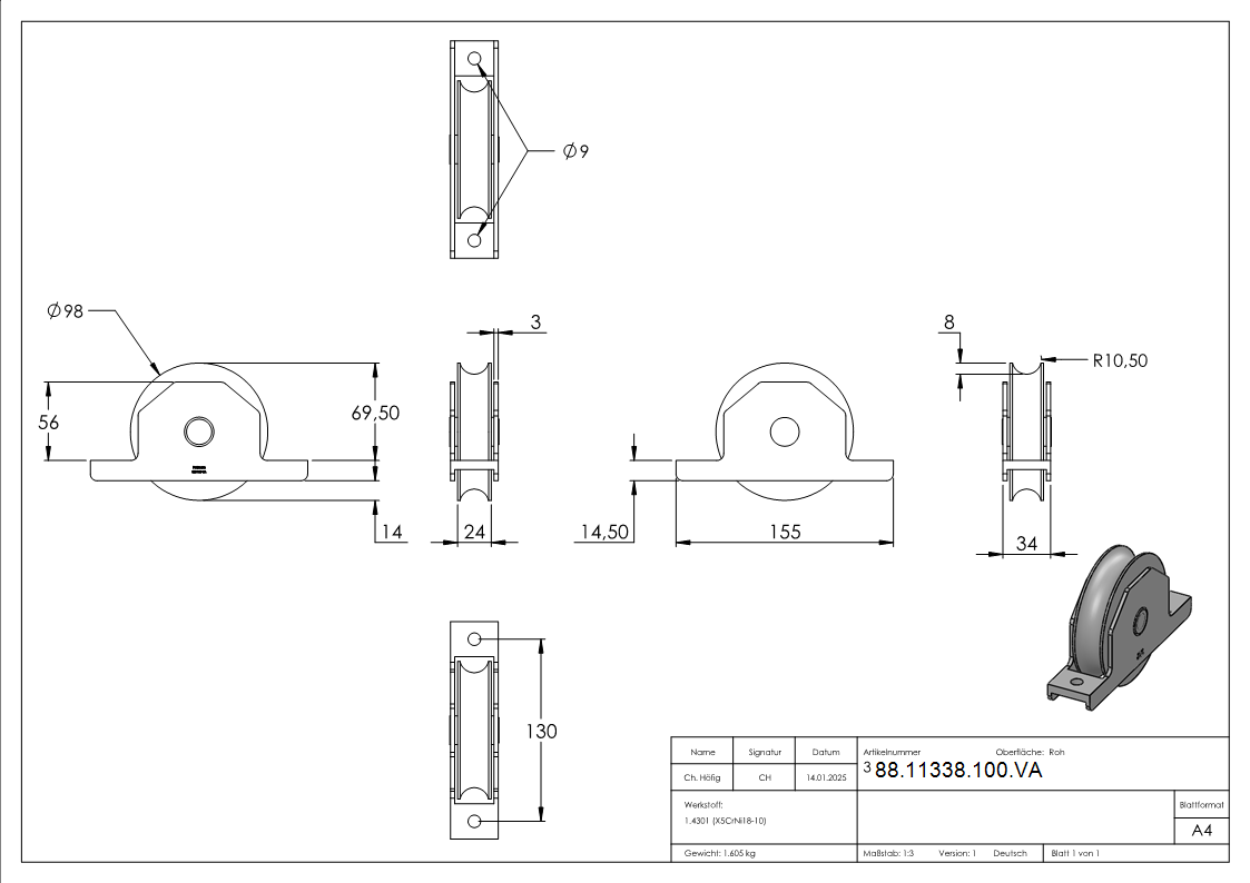 Schiebetorrolle Edelstahl V2A Ø 98 mm Rundrille mit Buegel-88-11338-100.VA