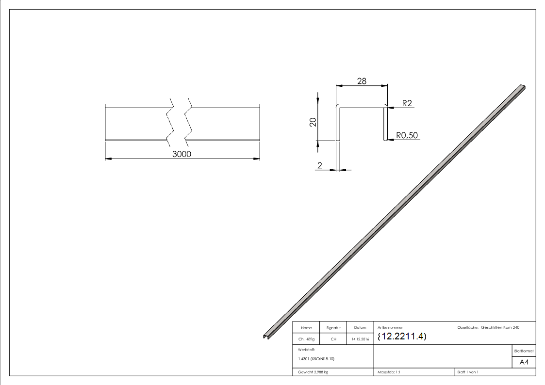 Kantenschutz - Masse- 28x20x2 mm - Laenge- 3000 mm - V2A-12-2211.4
