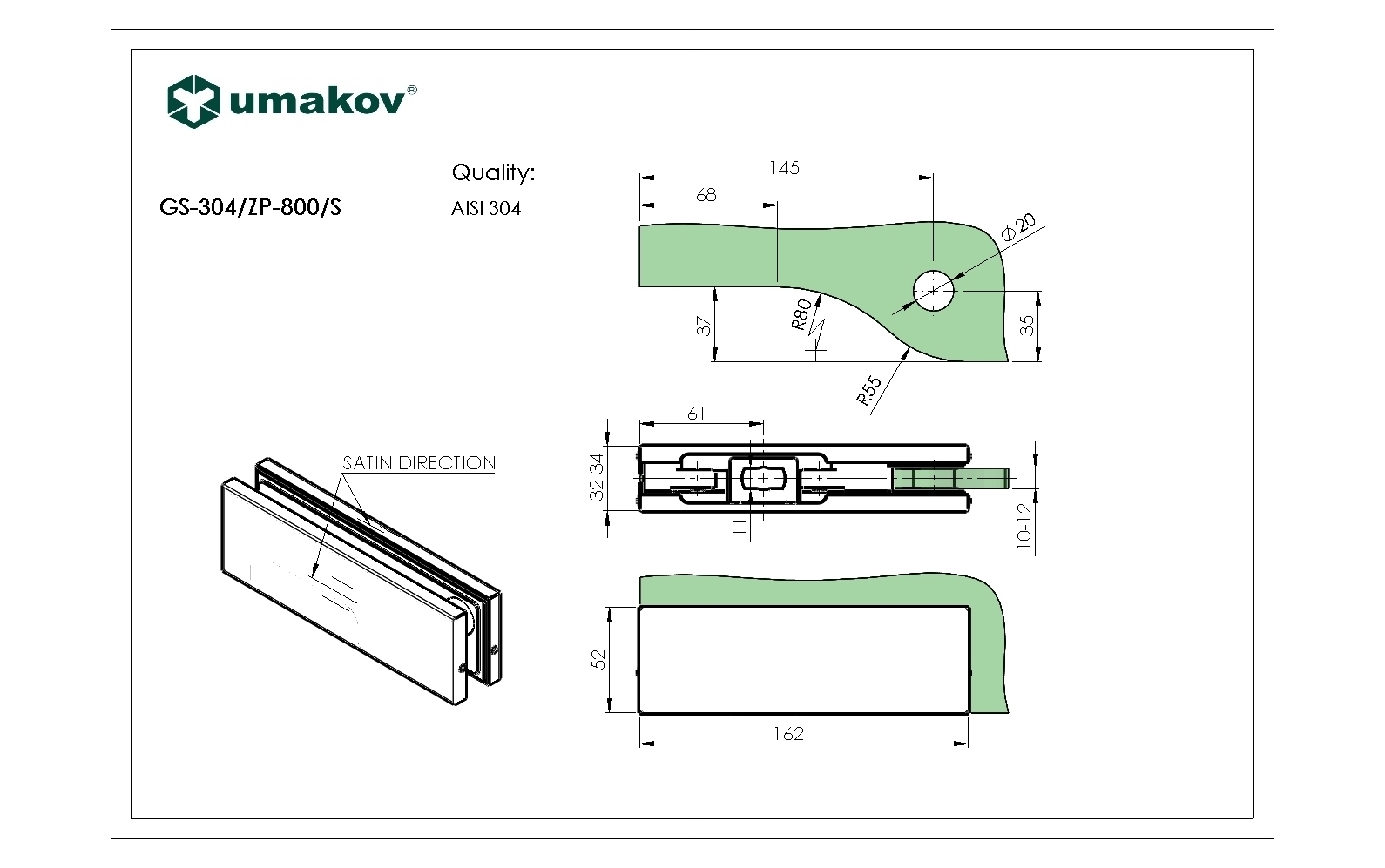 Glastuerscharnier unten Edelstahl AISI 304 fuer 10-12mm Glas mit Zentrierung-89-11GS304ZP800S-A.4