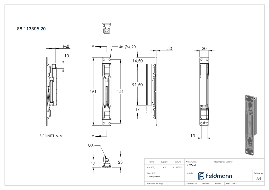 Kantriegel mit Breite 20mm und Gewinde M8- verzinkt-88-113895.20