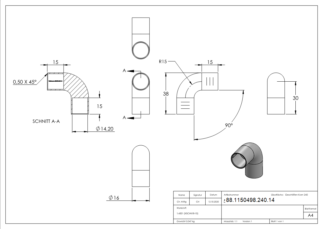Connecteur de barre ronde pour Ø 14mm, 90°.
