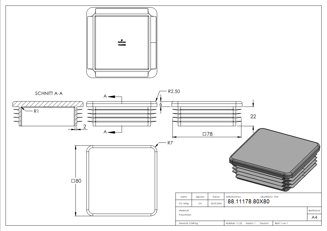 Capuchon plastique pour tube carré 80x80mm