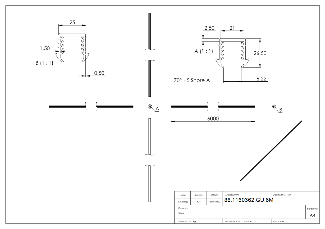 Joint à coin verre 16,76 - 17,52mm, pour rainure 24 x 24mm, longueur 6m, EPDM