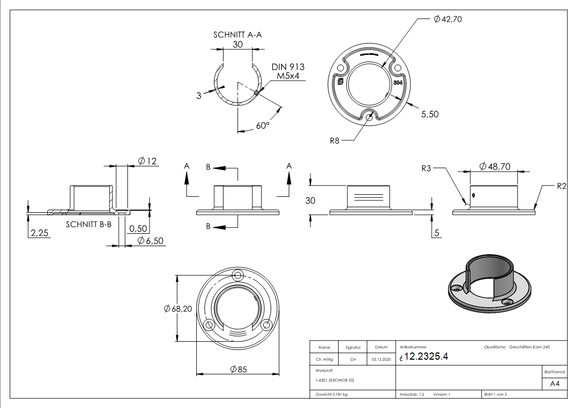 Wandbefestigung fuer Nutrohr Ø 42-4 mm - V2A-12-2325.4