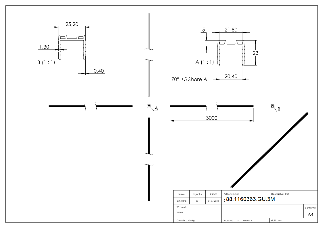 Keildichtung EPDM fuer Glas 20-76–21-52 mm- Nut 24x24 mm- L = 3000 mm-88-1160363-GU.3M