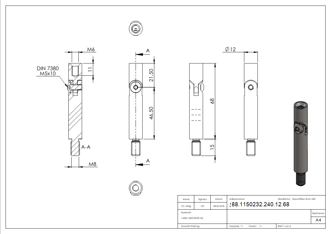 Gelenkstift Edelstahl V2A Ø 12 mm- L 68 mm- M8 Aussengewinde- M6 Innengewinde-88-1150232-240-12.68