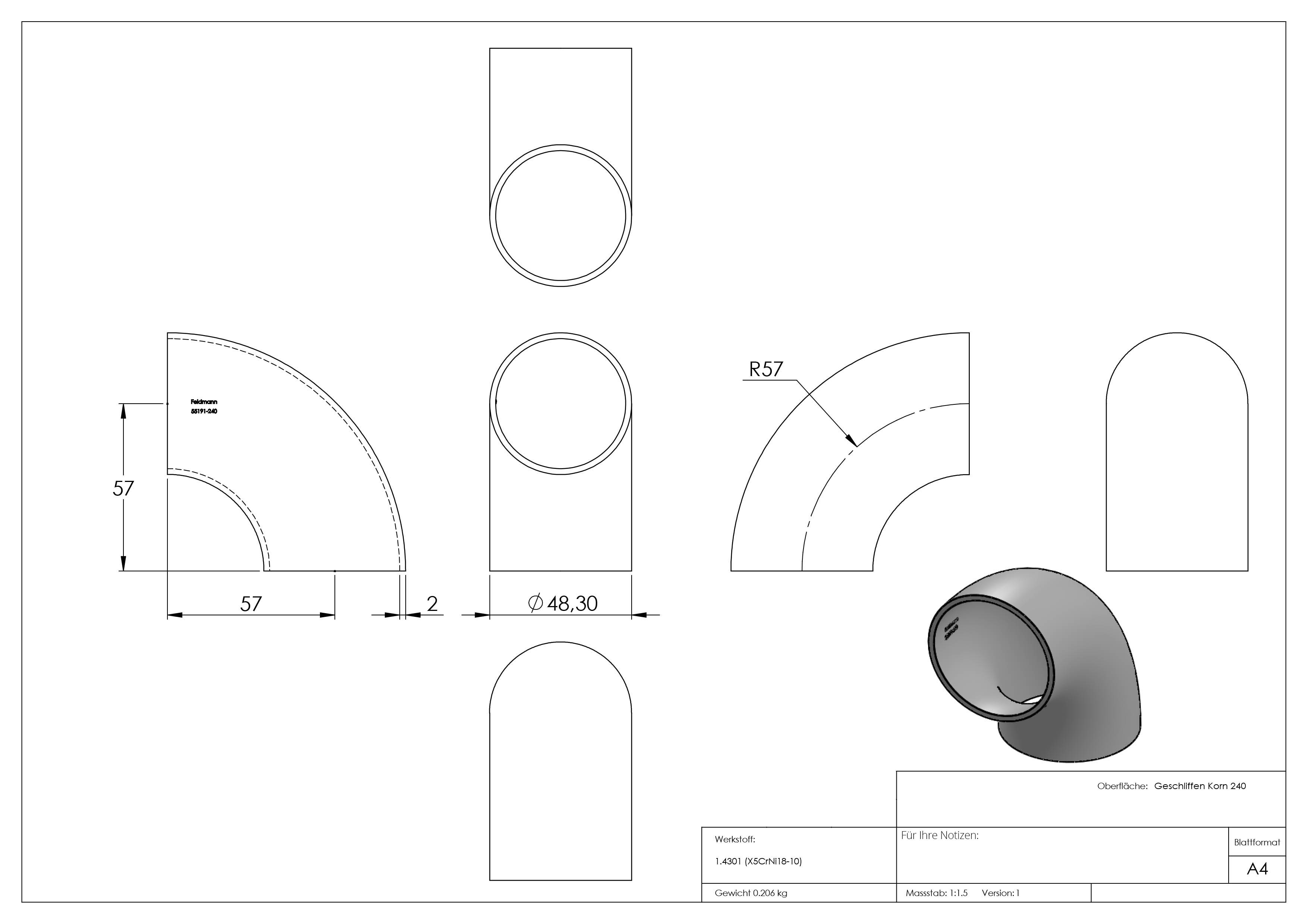 Coude 90° | à souder | pour tube rond : Ø 48,3 mm | V2A