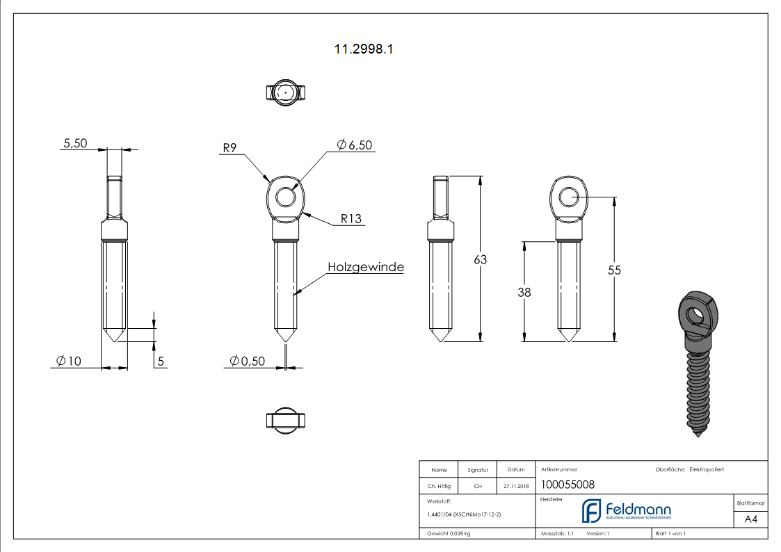 Augenschraube V4A Holzgewinde 8 mm flacher Kopf-11-2998.1