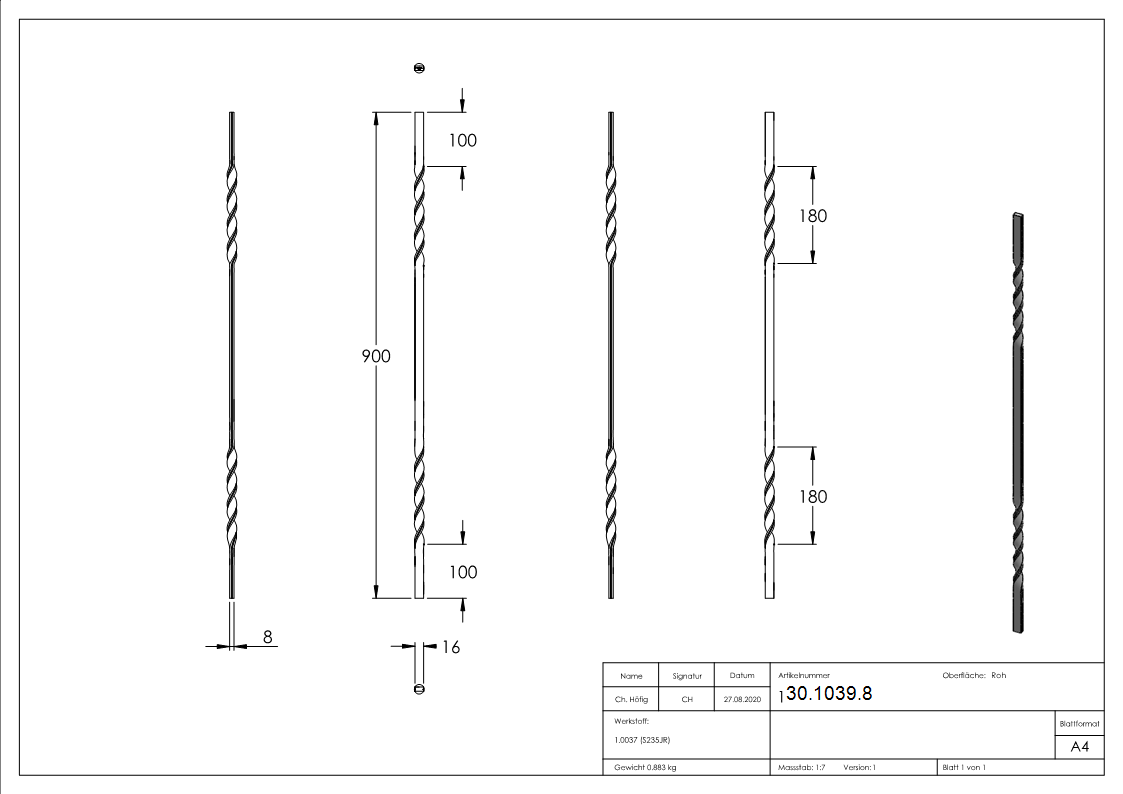 Zwischenstab - Laenge- 900 mm - Material- 16x8 mm -  gerillt - Stahl S235JR- roh-30-1039.8