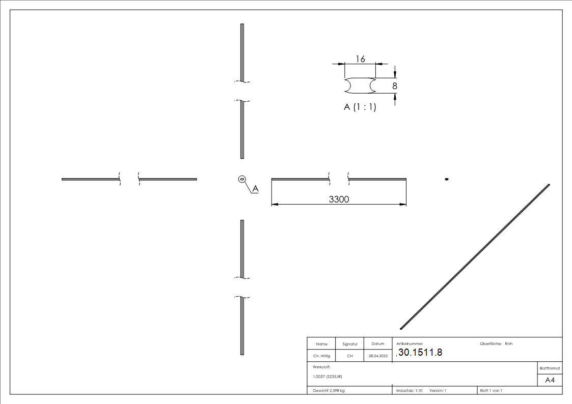 Flacheisen 16x8 mm 2-fach gerillt 3300mm Stahl S235JR Zierprofil-30-1511.8