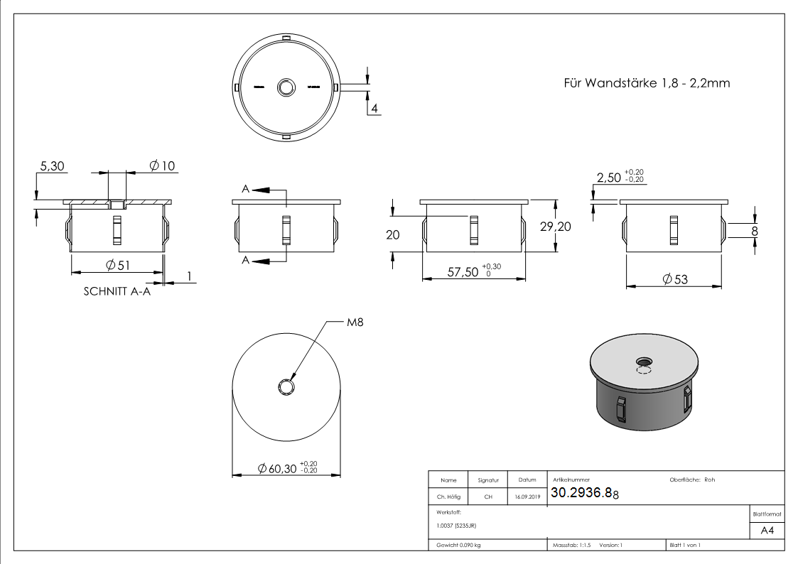 Bouchon en acier plat | avec M8 | pour tube rond Ø 60.3x1.8-2.2 mm | acier S235JR, brut