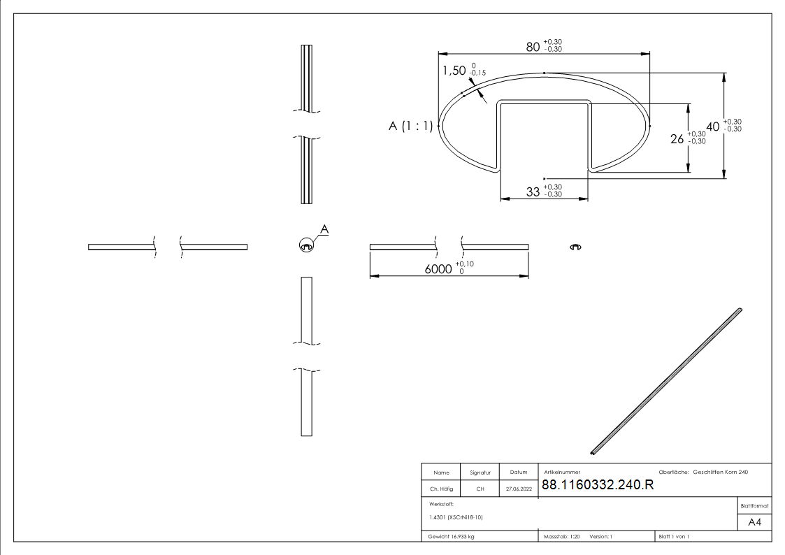 V2A - tube à gorge ovale 80x40x1,5 mm L=6mtr.