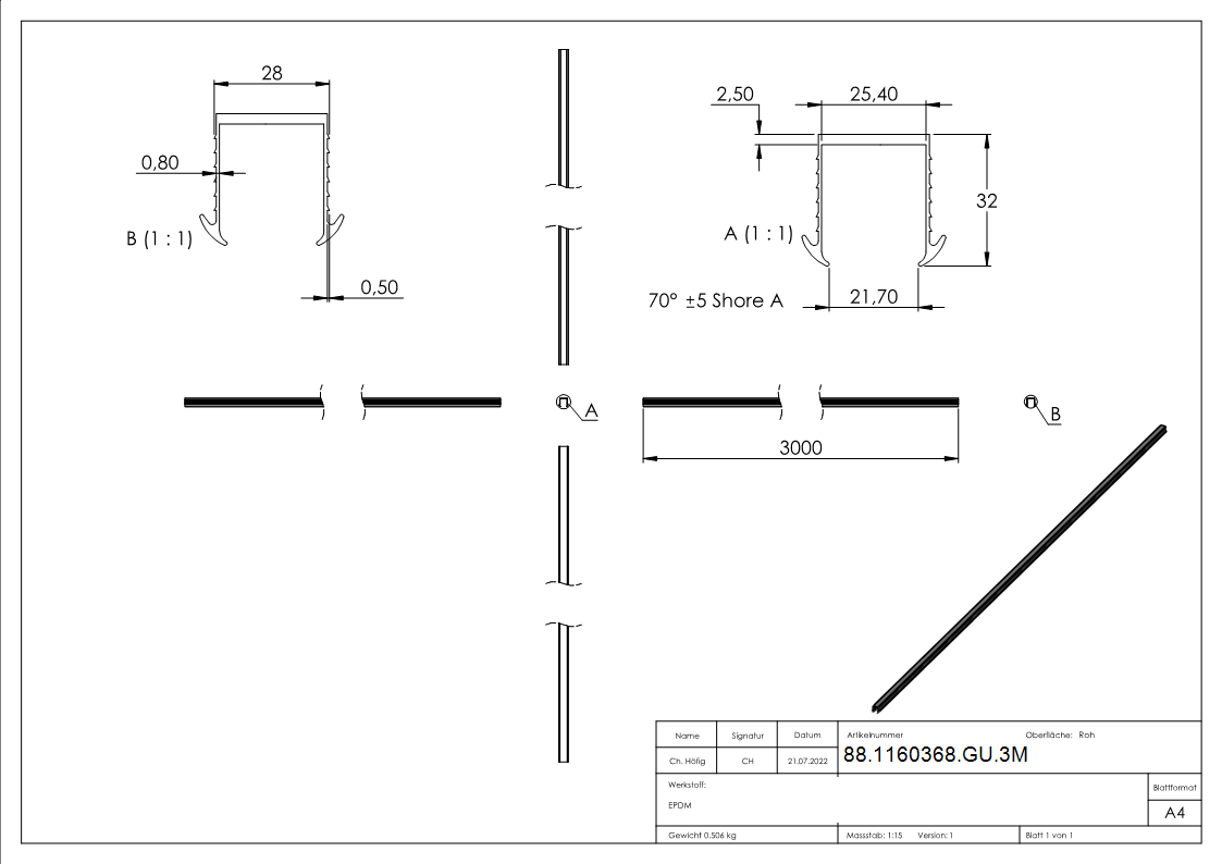 Joint à coin verre 24,76 - 25,52mm, pour rainure 27 x 30mm, longueur 3m, EPDM
