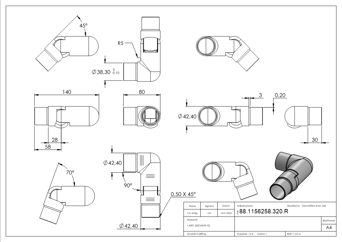 Gelenkstueck V2A fuer Rohr Ø 42-4 x 2-0 mm rechts steckbar geschliffen K240-88-1156258-320.R