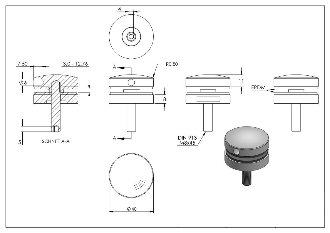 Glaspunkthalter Ø 40 mm fuer Anschluss- flach - Ø 42-4 mm V2A-10-GPH40.1