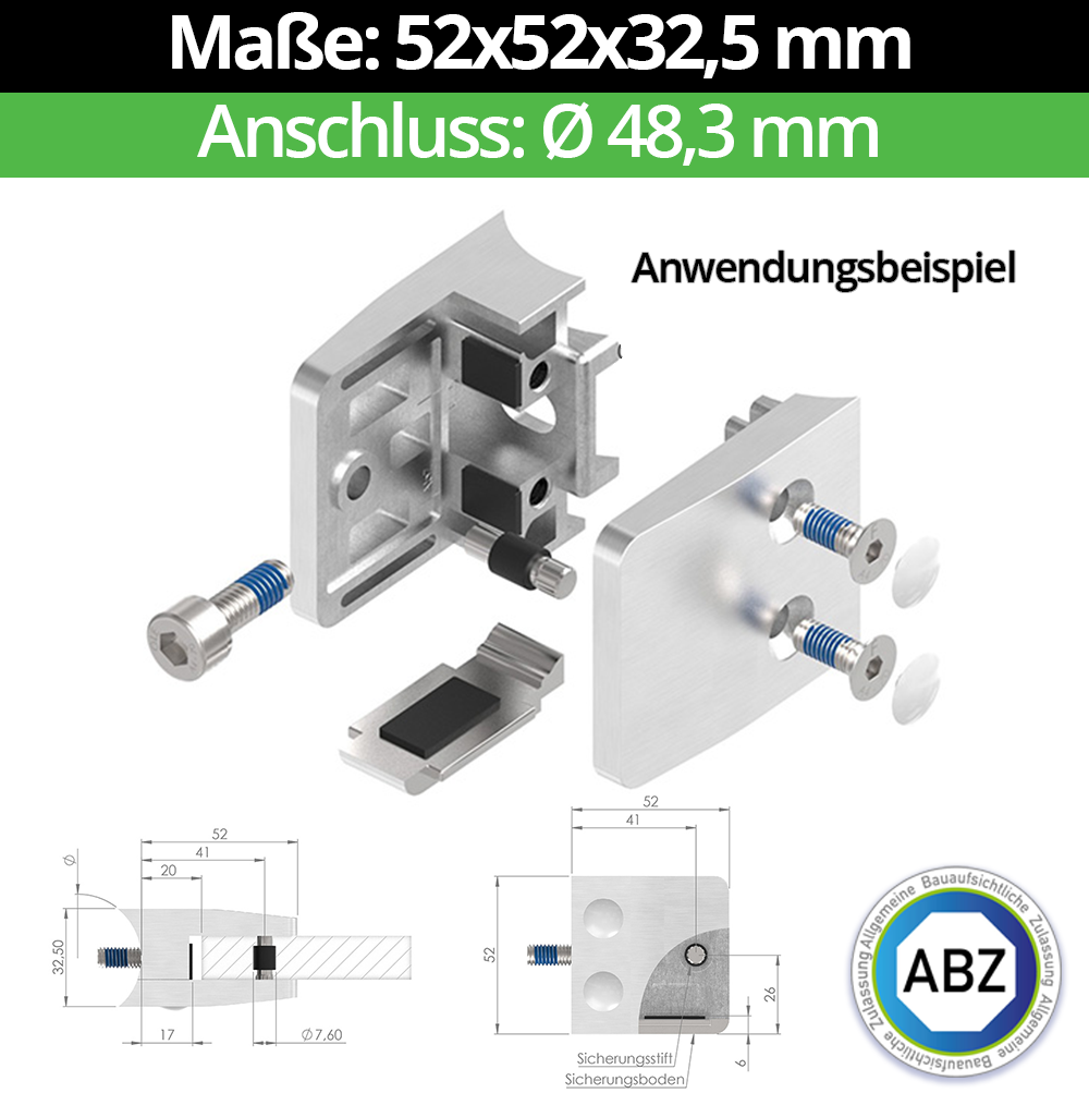 Glasklemme AbZ 52x52x32-5 mm  fuer Anschluss  Flach - Ø 42-4 mm - Ø 48-3 mm - 60-3 mm-10-MODELL34-48-12-1.1
