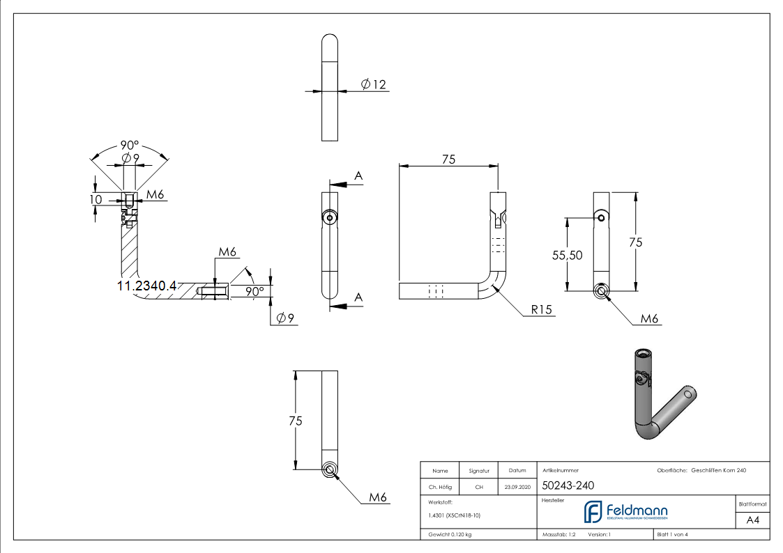 Edelstahl Gelenkbuegel Ø 12 mm - 2x M6 Innengewinde -V2A-11-2340.4