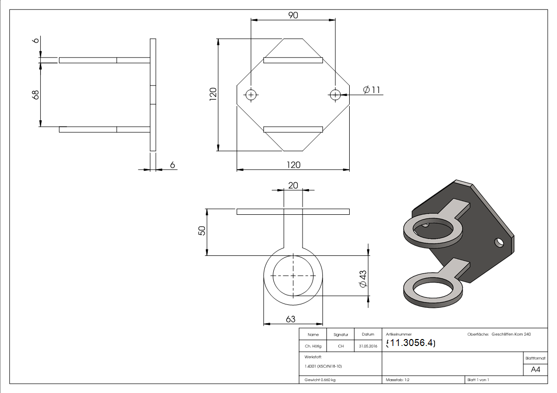 Fixation murale pour tube rond Ø 42,4 mm V2A