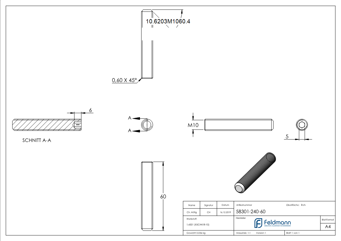 Gewindestift V2A M10x60 Innensechskant Kegelkuppe DIN 913-10-6203M1060.4