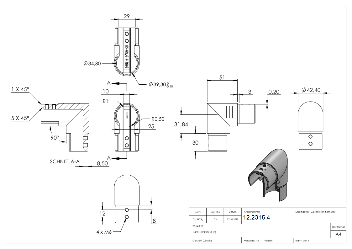 Angle de cadre 90° | vertical | pour tube rainuré Ø 42.4 mm | V2A