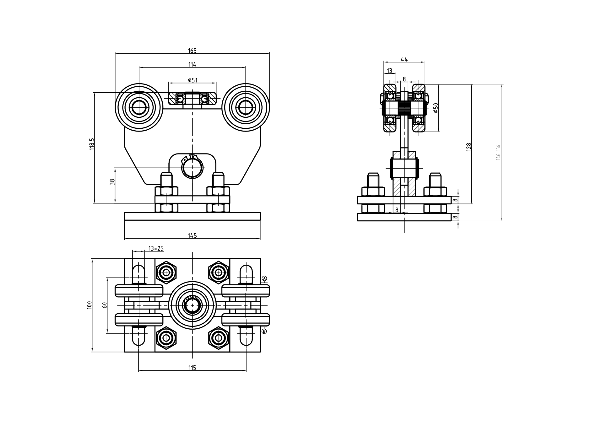 Schiebetor Laufwagen 5-rdrig Edelstahl V2A fr Profil 60x60 mm-89-11H834460X60-A.4
