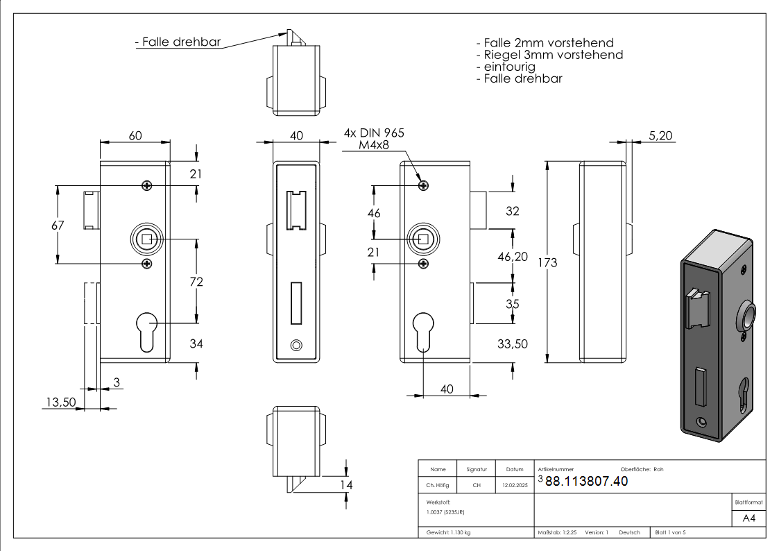 Kastenschloss verzinkt 40x60x173 mm mit Stulp- Riegel - Falle-88-113807.40