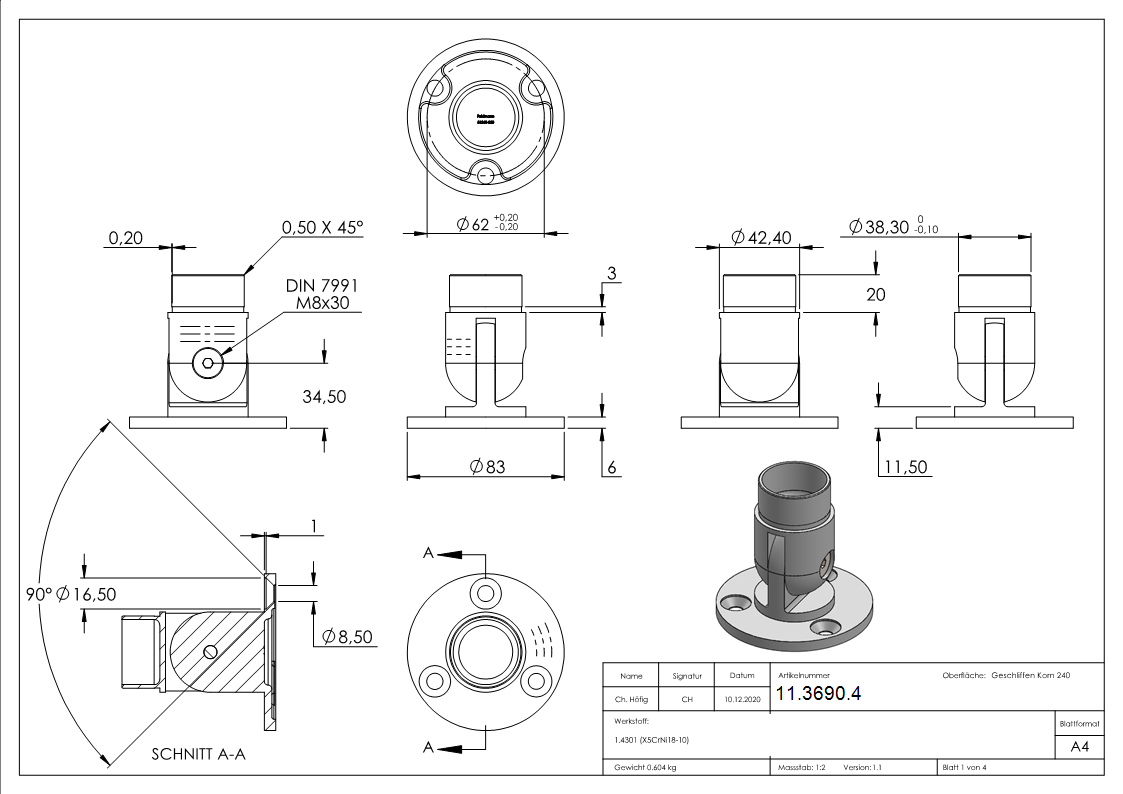Support mural flexible, pour tube rond Ø 42,4 x 2 mm V2A