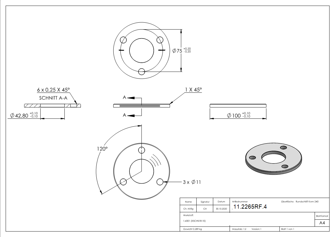 Ankerplatte Ø 100 x 6 mm mit Zentrierbohrung- Ø 42-8 mm V2A-11-2265RF.4