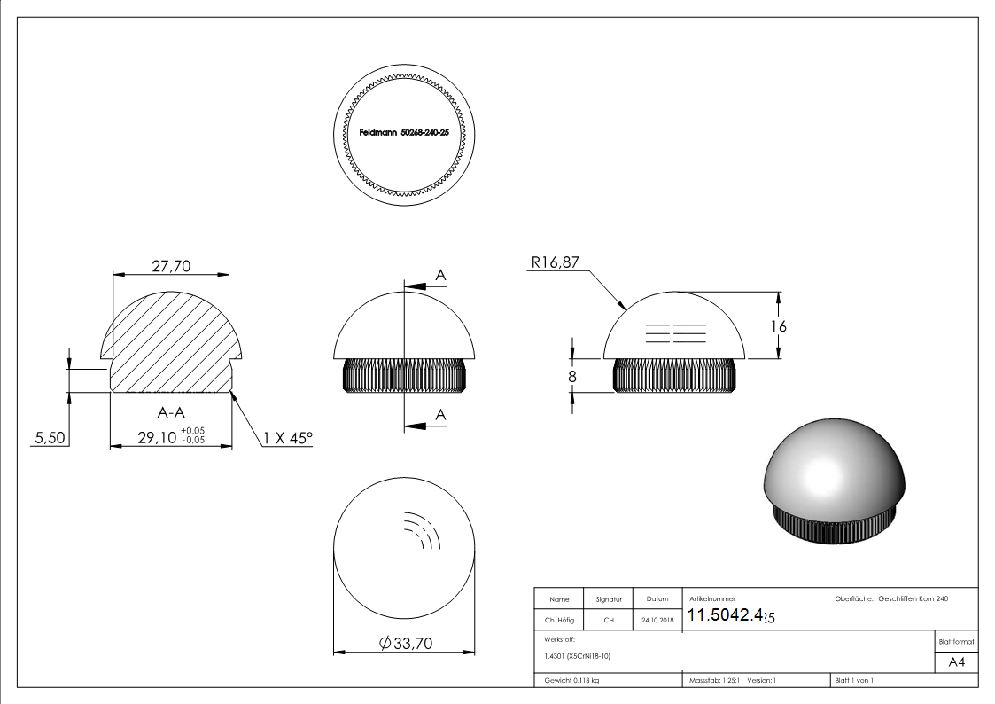 Bouchon V2A semi-circulaire avec moletage pour Ø 33,7 x 2,