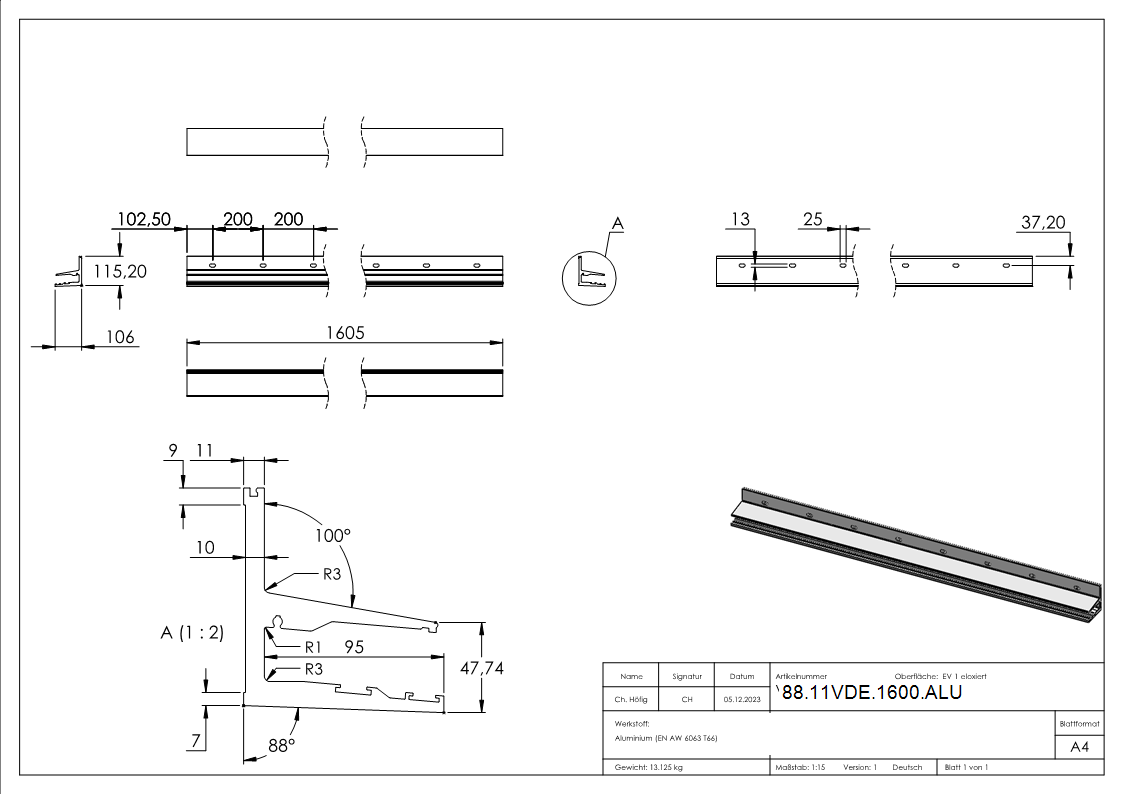 Vordachprofil eleganza canopy- L=1605mm- E4-EV1-88-11VDE-1600.ALU