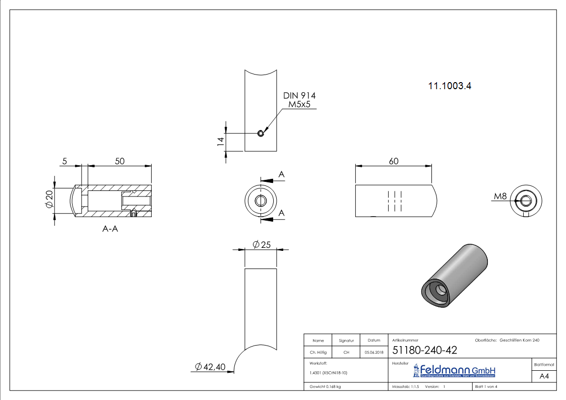 Entretoise de tube V2A pour poignées de poussée pour Ø 42,4 mm