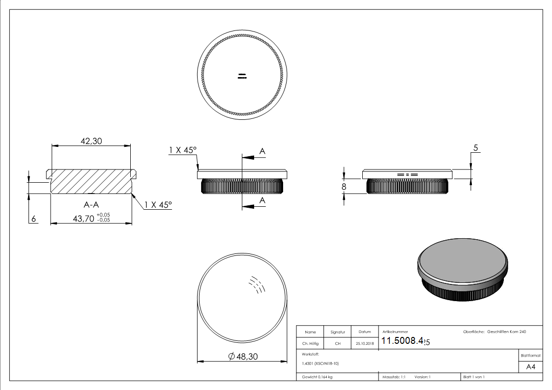 Bouchon plat pour Ø 48,3x2,6 mm V2A matériau plein