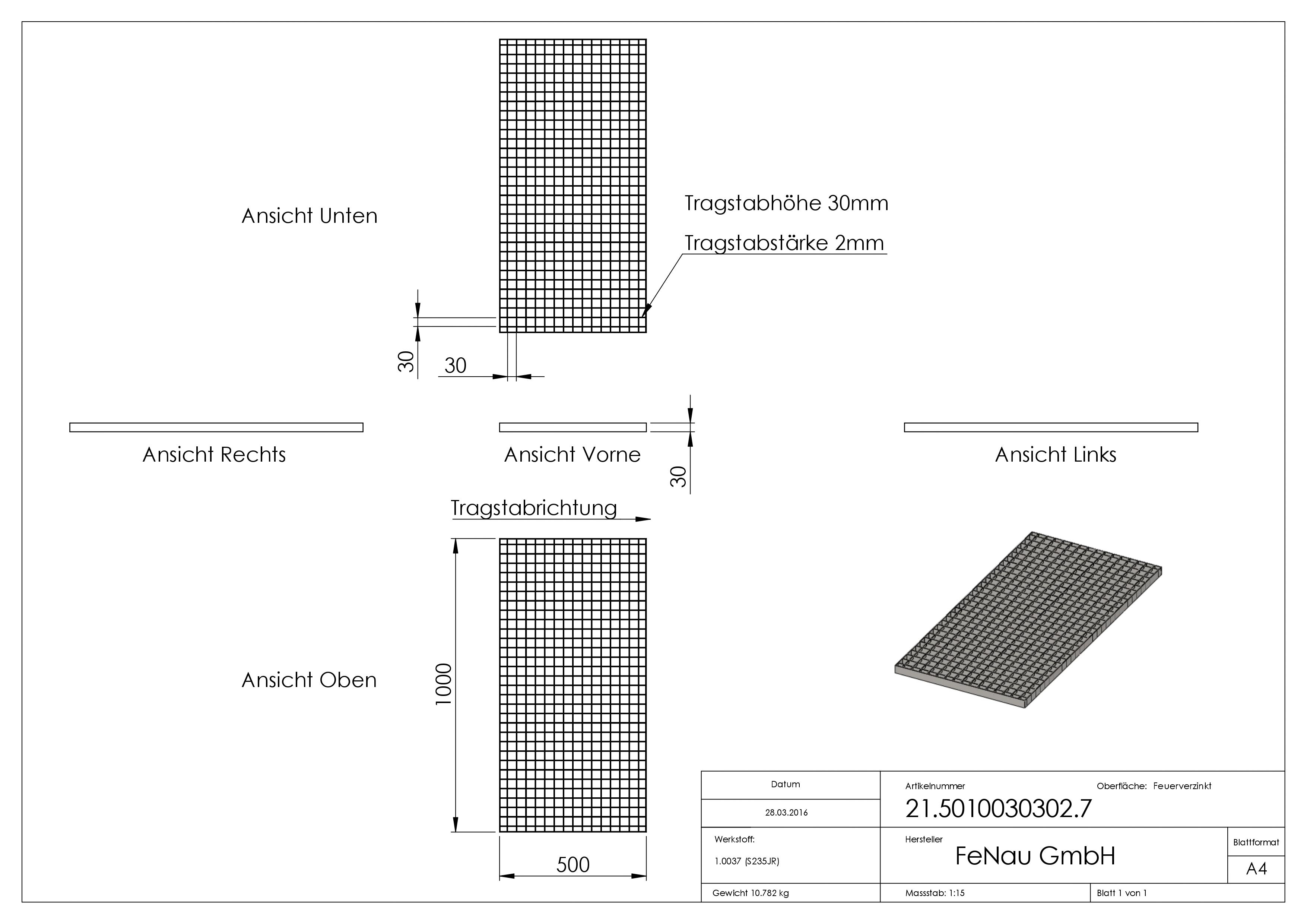 Industrie-Gitterrost - Masse- 500x1000x30 mm; MW 30-30 mm; 30-2 mm - S235JR -St37-2- im Vollbad feuerverzinkt-21-5010030302.7