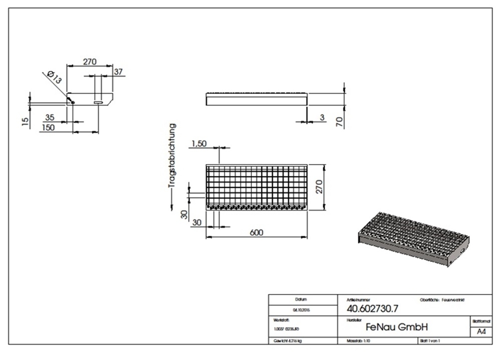 Gitterroststufe Treppenstufe Masse- 600x270 mm 30-30 mm S235JR -St37-2- im Vollbad feuerverzinkt-40-602730.7