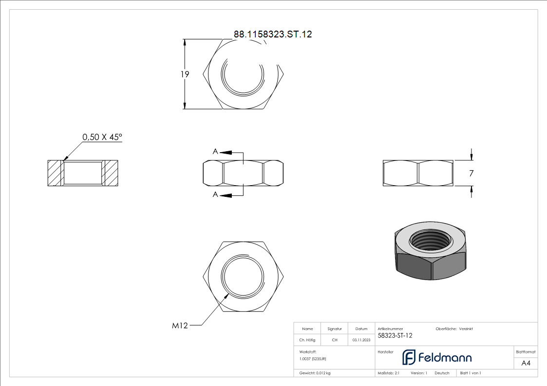 Sechskantmutter Stahl zinklamellenbeschichtet M12 flache Form DIN 936-88-1158323-ST.12
