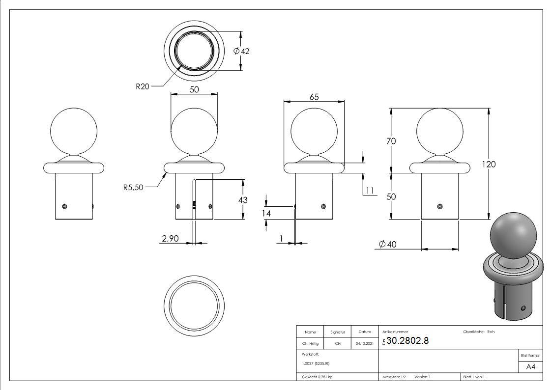 Kugelrohrknopf fuer Ø 48-3x2-5-2-9 mm - Stahl S235JR- roh-30-2802.8