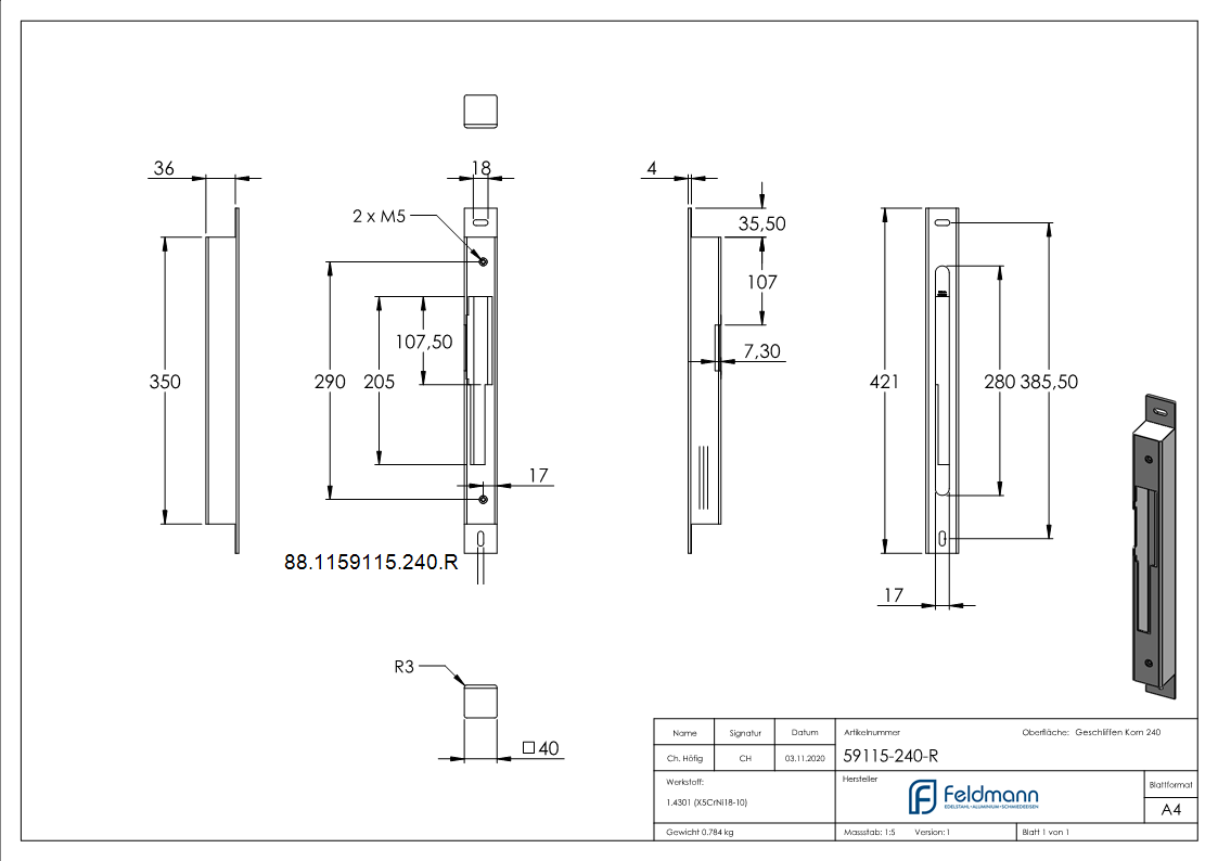 Gegenkasten zum Aufschrauben Edelstahl V2A Abstand 72-92 mm fuer 40 mm DIN Rechts geschliffen-88-1159115-240.R
