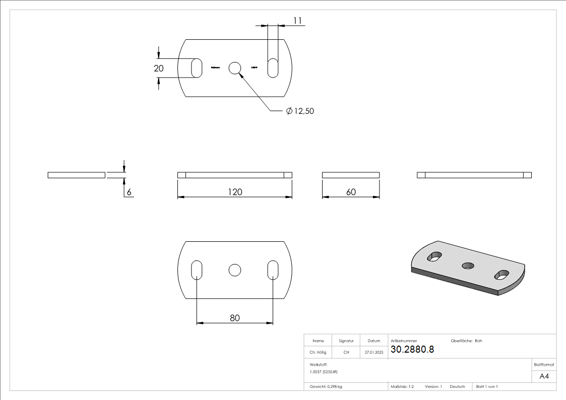 Ankerplatte 120x60x6 mm 3 Bohrungen -  Stahl roh-30-2880.8