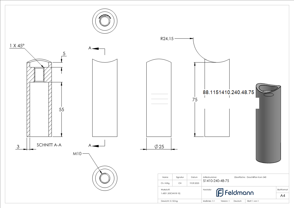 Entretoise pour tube 48.3mm, longueur 75mm, V2A