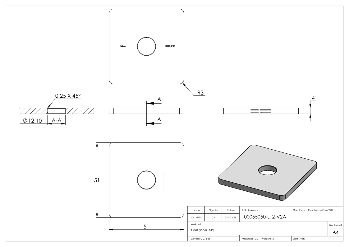 V2A capuchon plat pour QR 50x50 avec trou