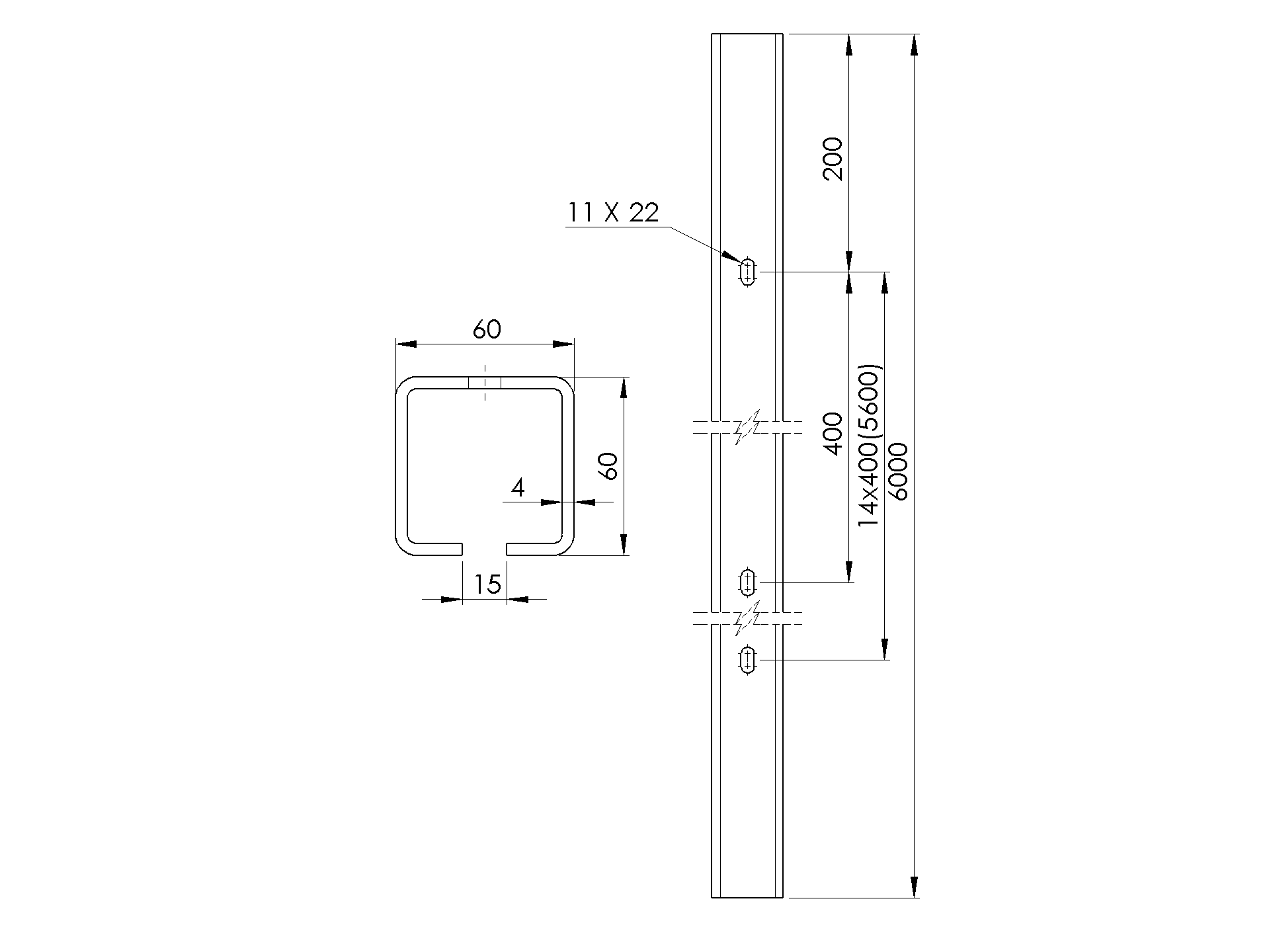 Fuehrungsprofil Stahl verzinkt 60 x 60 x 4-0 mm L=6000 mm mit Loechern-89-11H0260X60ZND6000-A.4