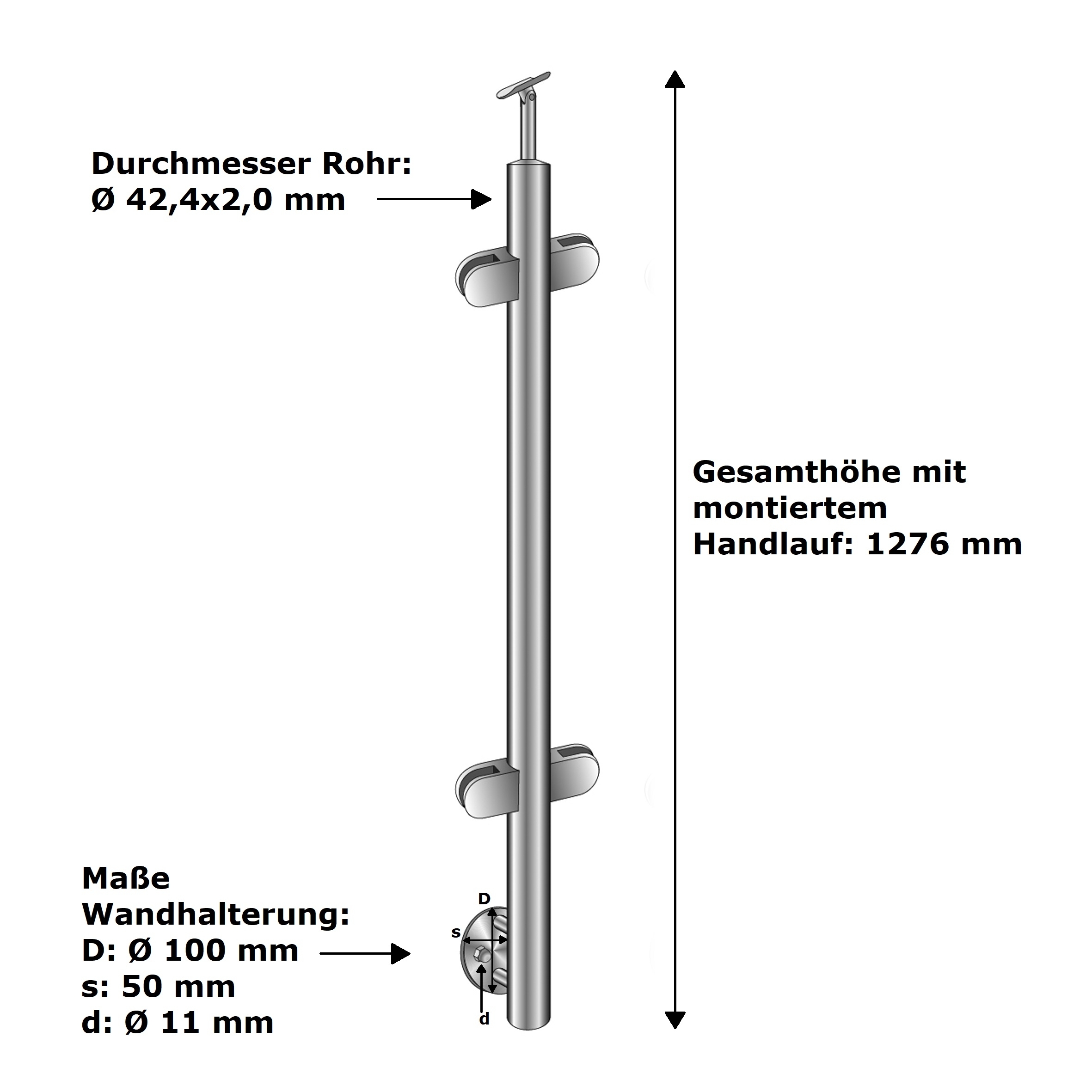 Gelaenderpfosten - Mittelpfosten - Laenge- 1100 mm - fuer seitliche Montage - V2A-14-0058RG-A.4