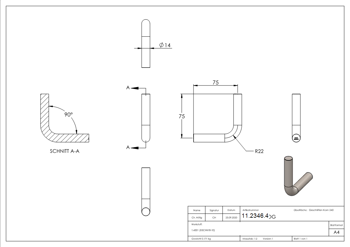 Edelstahl Buegel Ø 14 mm - beidseitig zum Anschweissen -V2A-11-2346.4