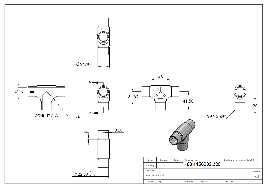Pièce en T égale, pour tube 26,9 x 2,0mm, V2A