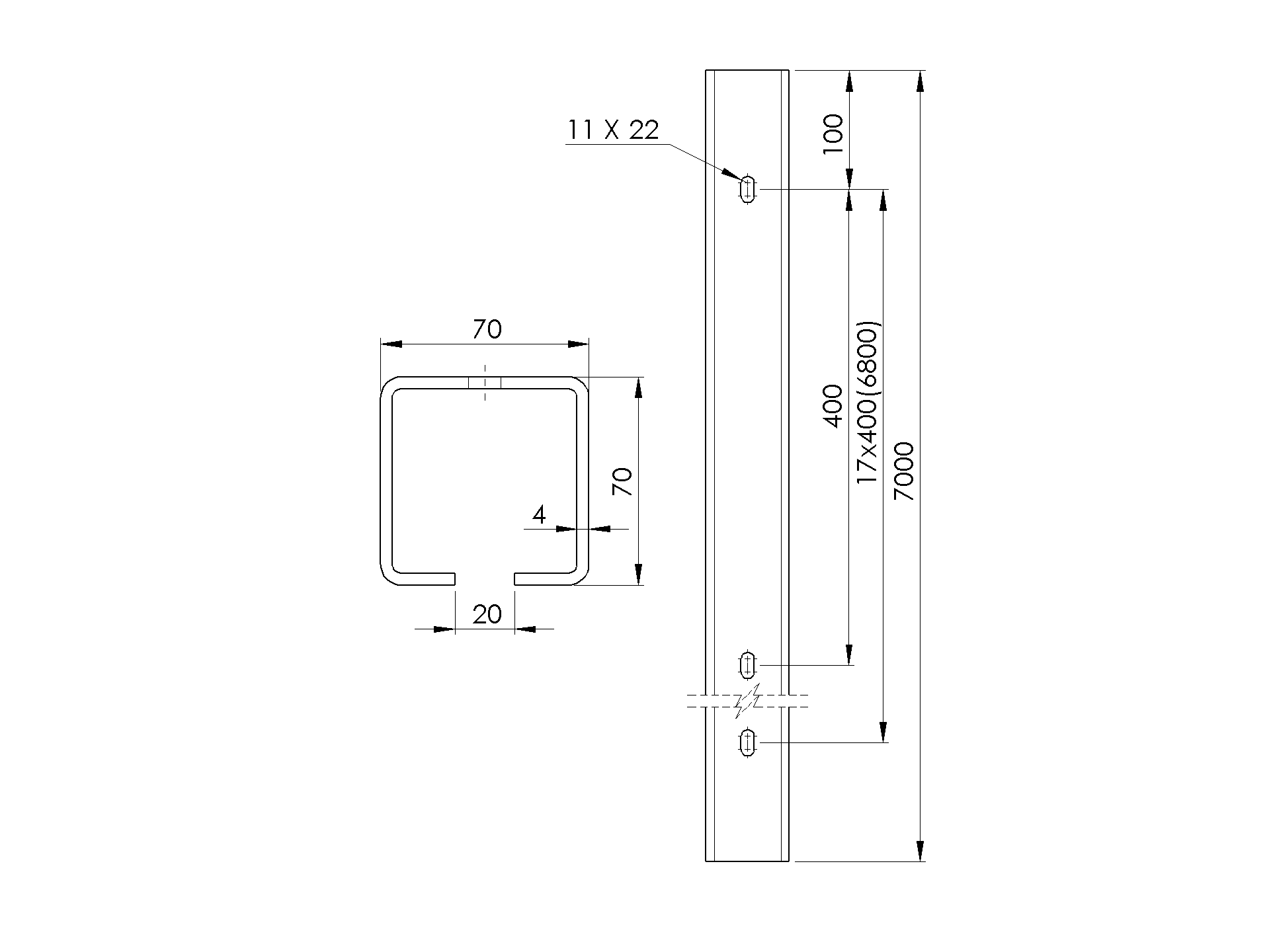 Laufschiene Stahl verzinkt 70 x 70 mm L=7000 mm fuer Schiebetore-89-11H0270X70ZND7000-A.4