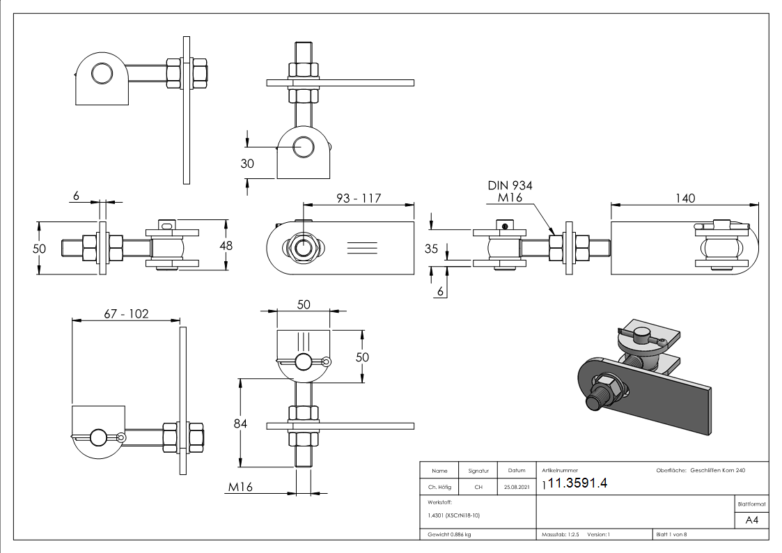 Torband - M16 - 180° - verstellbar - V2A-11-3591.4